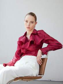 Aveloria Modichic Camisa de manga larga con botones elegante y con cuello de volantes de textura translúcida, ropa para fiestas y eventos de profesores - Burdeos - Ver 6