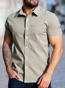 Manfinity Homme Men's Solid Color Single Breasted Pocket Casual Short Sleeve Shirt (With Print Pattern) Men Dress Shirts Short Men Clothes Men Shirts Men Short Sleeve Dress Shirt Shirts For Guys - Champagne - View 1