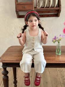 LMoss Kids LMoss 2pcs Baby Girl Set:Beige Summer Modest Cocktail Woven Solid Square Neck Top + Loose Casual Long Pants Sisters Cute Matching Outfit For Girls - White - View 6