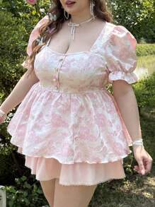 Flirla 大码方领宝石纽扣短袖 3D 提花优雅复古可爱度假女式衬衫，春夏 - 粉色 - 查看 5