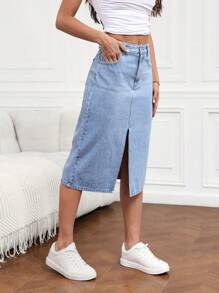 SHEIN Tall Jupe évasée en jean casual pour femmes avec poches et fente sur le côté