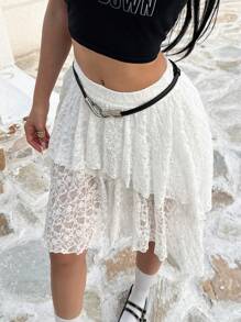SHEIN Unity 女士浪漫优雅不对称下摆裙，白色蕾丝休闲百搭花卉蕾丝裙 - 白色 - 查看 6