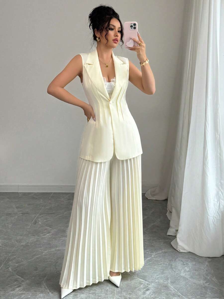 Elenzga Tailored Jacket With Cinched Waist And Pleated Wide Leg Design Suit Set - Apricot - View 1
