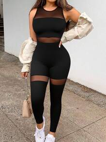 INAWLY 性感修身网眼拼布镂空休闲女式紧身裤