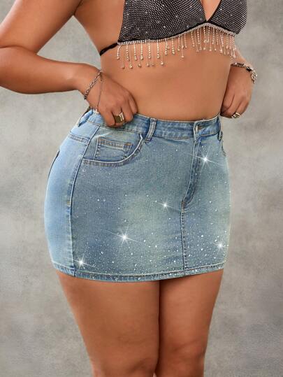 SHEIN ICON Plus Size Women Pockets Decor Rhinestone Washed Denim Blue A-Line Skirt