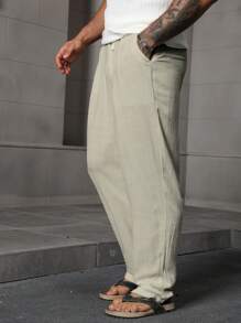 Manfinity RSRT 男士松紧腰亚麻白色裤子休闲宽松长裤 - 杏色 - 查看 5