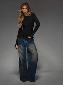 MISSGUIDED Ribbed Knit Fitted Long Sleeve Top Classic Crewneck Fall Winter Essential Layering Basic Sweater Slim Fit Stretchy Pullover Casual Wear - Black - View 5