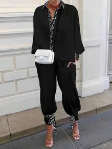 SHEIN LUNE 2 件套女士印花拼布纽扣系带设计 - 黑色 - 查看 1