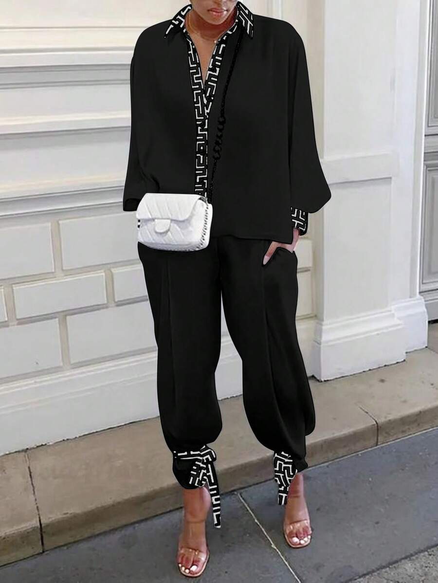 SHEIN LUNE 2 件套女士印花拼布纽扣系带设计 - 黑色 - 查看 1