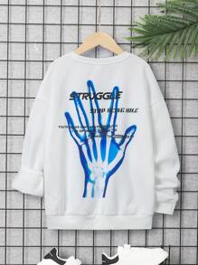 SHEIN Chico preadolescente Sudadera esqueleto con estampado de mano y slogan de hombros caídos con forro térmico - Blanco - Ver 7
