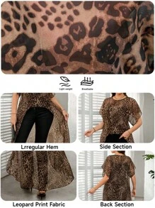 SHEIN LUNE 大码豹纹休闲衬衫，简约时尚日常穿着女士夏季服装女士沙滩装女士度假装女士豹纹前短后长不对称下摆圆领衬衫狂欢装节日 - 彩色 - 查看 3