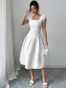 Elenzga 女式 2025 新款提花面料休闲中长连衣裙，外观优雅 - 白色 - 查看 4