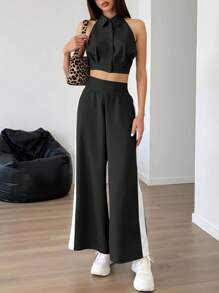 Slaydiva 2pcs/Set Women Sleeveless Top And Wide-Leg Pants Set - Black - View 3