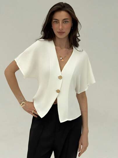 Aloruh Camisa blanca sencilla, elegante, con doble botonadura y frente abierto, de color liso y mangas de murciélago