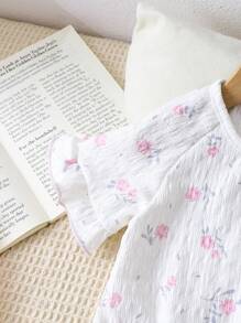 Baby Girl White Base Spring/Summer Round Neck Ditsy Floral Chiffon Ruffle Hem Short Sleeve Top And Skirt Home Dress Set - White - View 5
