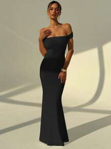 Aloruh 适合婚礼季节的白色露肩褶皱紧身长裙，性感露背 - 黑色 - 查看 6