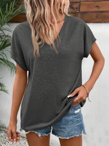 SHEIN Frenchy Camiseta informal de mujer de unicolor con cuello en V y mangas tipo murciélago - Gris Oscuro - Ver 3