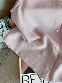 INAWLY 女士纯色圆领单扣无袖休闲衬衫 - 淺粉色 - 查看 5
