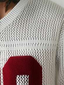 Manfinity Homme Men's Jersey Letter Print Contrast Color V-Neck Short Sleeve Hollow-Out Knitted Top,Football Style