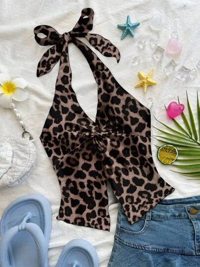 Soleia 度假风格性感豹纹吊带系带扭纹下摆开衩露背背心，适合夏季、海滩、度假、音乐节