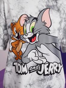 TOM & JERRY X SHEIN Women's Casual Tie Dye Cartoon Print Loose Drop Shoulder T-Shirt, Summer,Gray Tie-Dye T-Shirt, Cartoon Pattern Print, Versatile, Casual