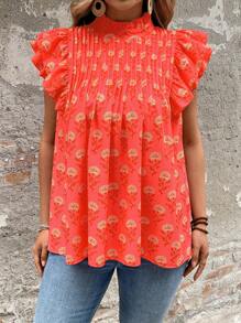 Breezaya 大码女式节日花卉印花立领荷叶边袖褶皱衬衫 - 彩色 - 查看 4