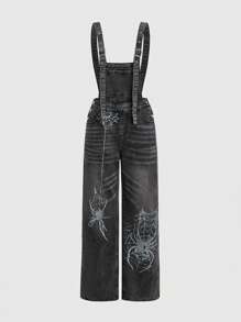 ROMWE Punk Style Women Distressed Spider Print Straight Leg Boyfriend Denim Overalls - Dark Grey - View 1