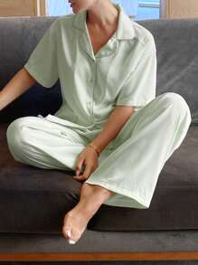 DAZY 缎面拼色短袖衬衫和裤子设计宽松睡衣套装