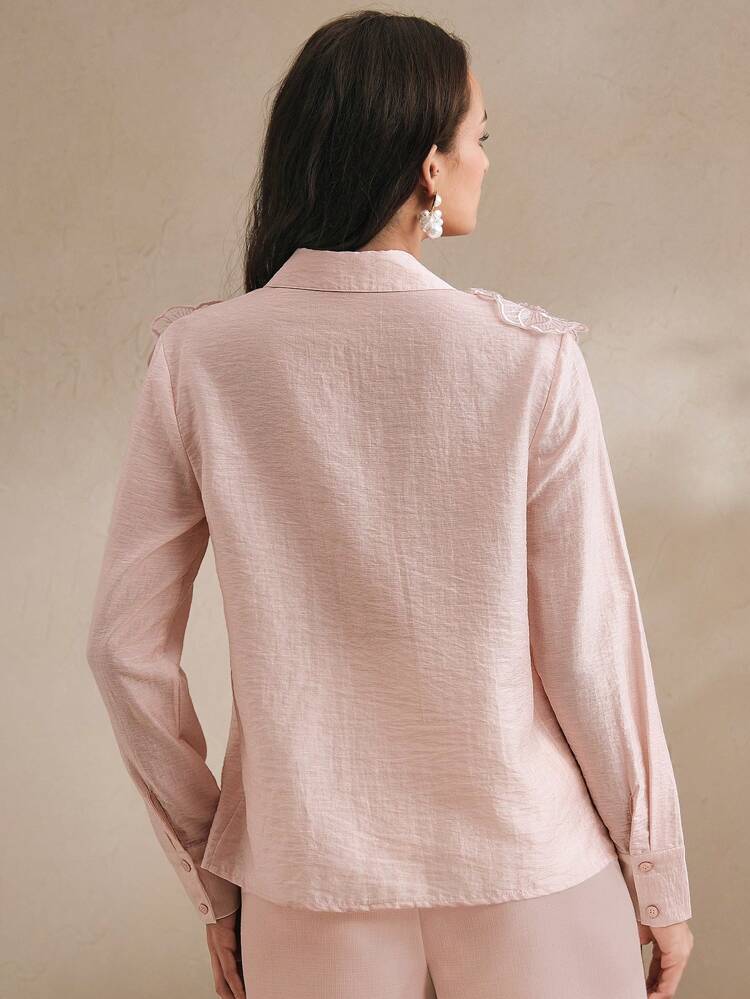 Women's Collared Long Sleeve Shirt With 3D Rhinestones Embroidery, Transparent & Fashionable Modest Design, Spring