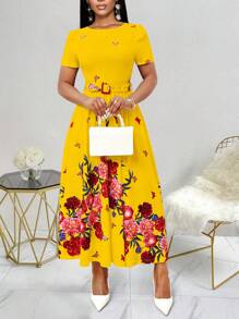 SHEIN Clasi Round Neck Jacquard Waist Design Dress For Women - Multicolor - View 4