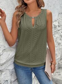 EMERY ROSE Women's Casual Loose Burnout Embroidered Keyhole Neck Tank Top - Army Green - View 3