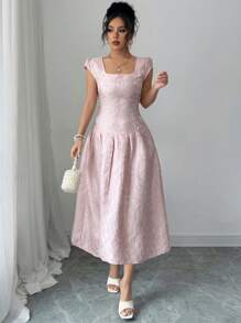 SHEIN Tall 女式 2025 新款提花面料优雅休闲中长连衣裙 - 粉色 - 查看 3