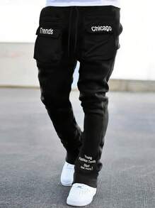Manfinity LEGND Men's Slogan Print Drawstring Waist Pocket Casual Sweatpants Men Street Wear Pants