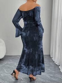 Modelyn Women Plus Size Off-The-Shoulder Flared Long Sleeve Ruched Tie-Dye Print Ruffle Bodycon Mermaid Elegant Fashion Dress Fall Cloth For Women