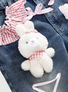 ROMWE Kawaii 大码女式 Y2K 青少年格子蕾丝兔子吊坠蝴蝶结喇叭裤 - 藍色 - 查看 3