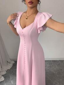 Chiquease Váy suông cổ tim tay lửng màu xanh xuân/hè mới 2025, thiết kế độc đáo, dáng ôm vừa vặn, thích hợp cho các buổi hẹn hò, kỳ nghỉ - Hồng - Xem 4