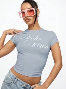 SUMWON WOMEN Video Vixen Baby Tee 短款上衣 修身 Y2K 美学修身短袖街头服饰夏季节日都市时尚宣言 T 恤 - 霧霾藍 - 查看 6