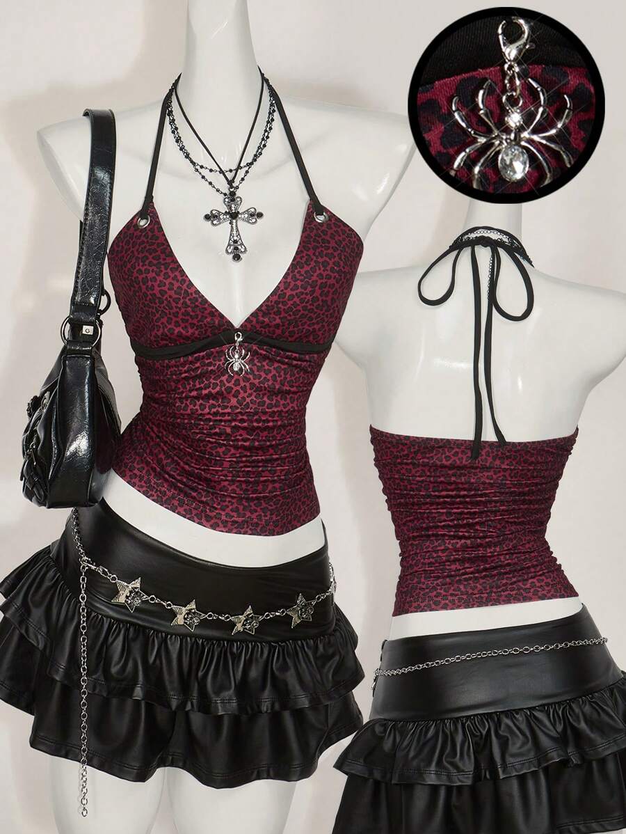 SHEIN ICON 女士夏季性感外出豹纹褶皱修身时尚露背吊带背心可爱夏季上衣，狂野上衣 - 紅色 - 查看 1