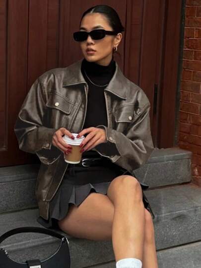 Livesso 女式街头风格仿皮翻领夹克，返校服装