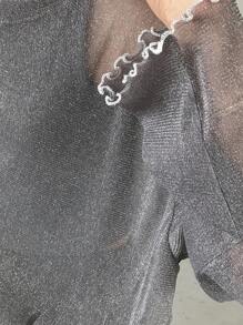 FRIFUL 女式宽松蓝色圆领网眼罩层透明衬衫，春夏长袖女式上衣