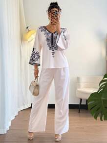 Chiquease Women's Elegant Printed 3/4 Sleeve Top And Wide Leg Pants Two Pieces Set, Vacation Suitable