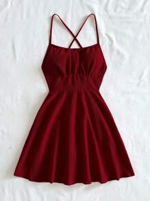 Soleia Sexy Red Cross Strap Backless Camisole Mini Dress - Burgundy - View 4