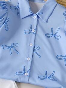 SHEIN Genkimix Kids 2 件套年轻女孩蝴蝶结印花短款泡泡袖上衣和裤子 - 彩色 - 查看 8