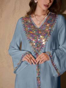Al Najma Spring/Summer V-Neck Flare Sleeve Hand-Knit Sequins Embroidered Flowy Dress, Modest - Dusty Blue - View 1