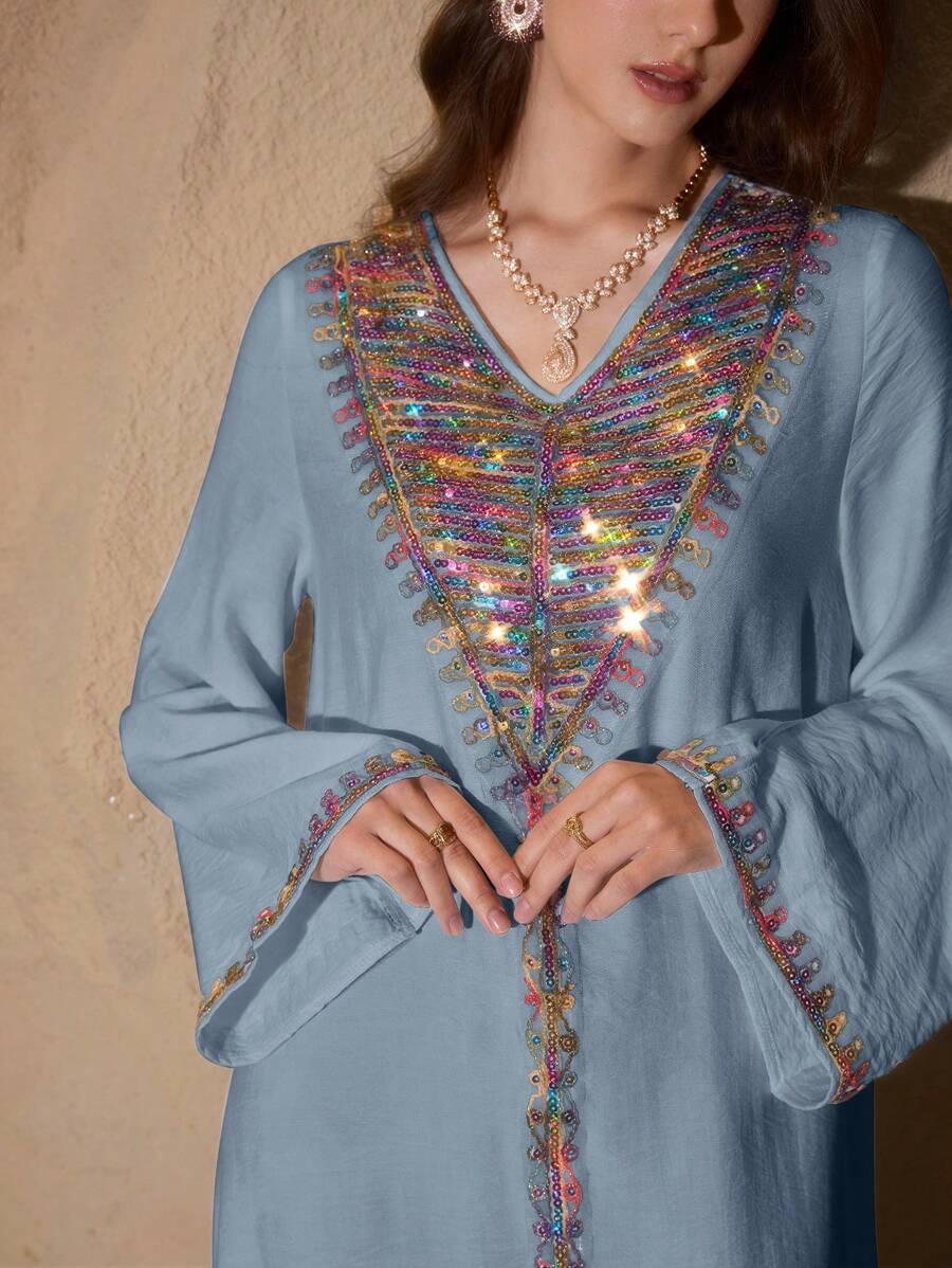 Al Najma Spring/Summer V-Neck Flare Sleeve Hand-Knit Sequins Embroidered Flowy Dress, Modest - Dusty Blue - View 1