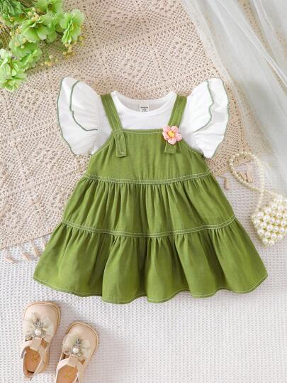 SHEIN Vintaside Kids 2 件套女婴休闲盖袖上衣和吊带裙套装，适合夏季、度假