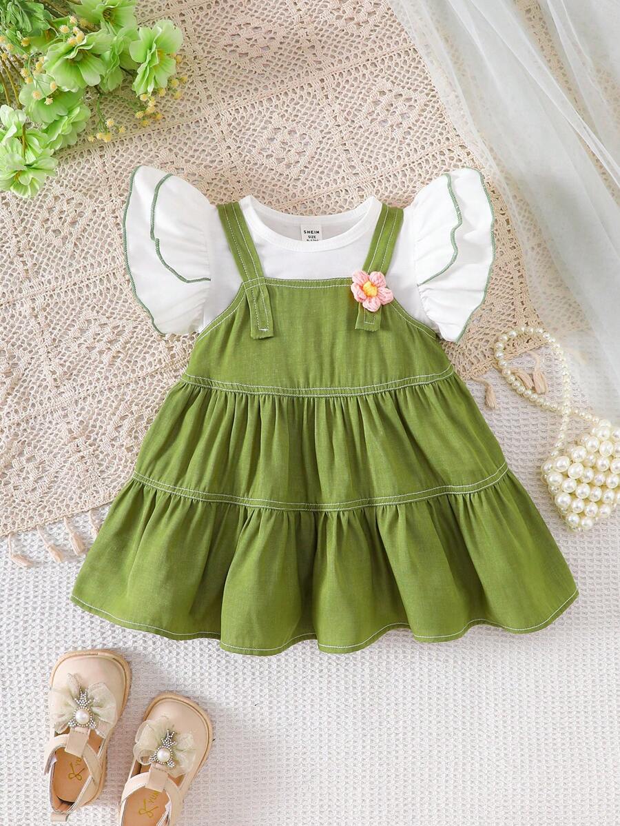 SHEIN Vintaside Kids 2 件套女婴休闲盖袖上衣和吊带裙套装，适合夏季、度假 - 綠色 - 查看 1