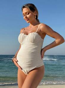 SHEIN Maternity Elegant One-Piece Swimsuit With Wire Rim Support For Summer Beach Vacation - Beige - View 1