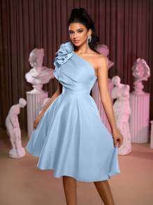 Lovelzi 女士优雅浪漫缎面单肩褶皱夸张 3D 花卉高低礼服，适合舞会、庆典和正式派对、派对礼服、婚礼宾客礼服、舞会礼服 - 淺藍色 - 查看 7