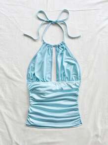 Soleia Women's Blue Vacation Knitted Halter Neck Blouse With Waist Ruching,Rave Top - Baby Blue - View 2